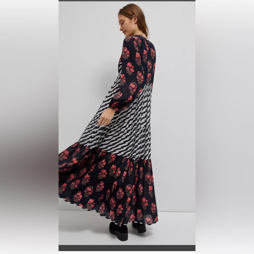Anthropologie Nikasha Black red floral contrast Stripes Maxi Long
Sleeve dress